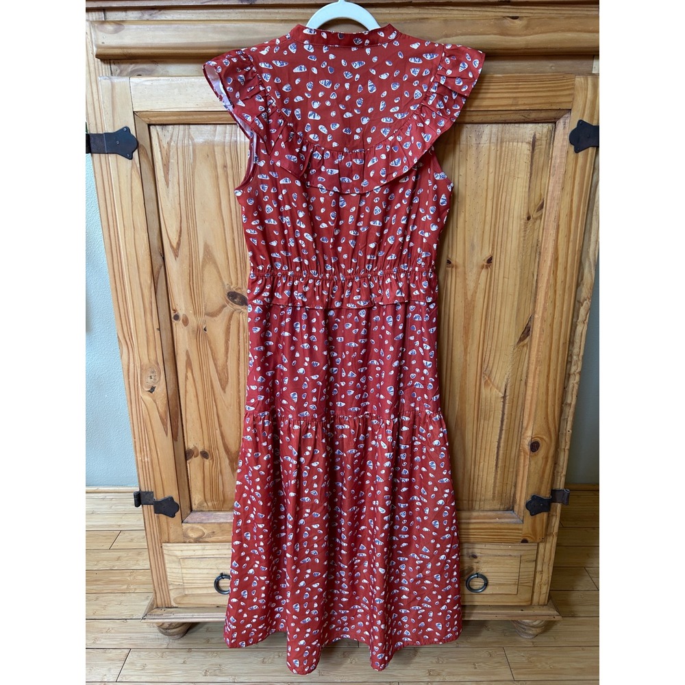 THML Womens Rust Orange Abstract Print Tassel Tie Ruffle Tiered Midi Dress L - Picture 7 of 9
